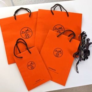 Lot Of 4 Authentic Hermes Empty Orange Shopping Gift Paper Bags And 2 Ribbons